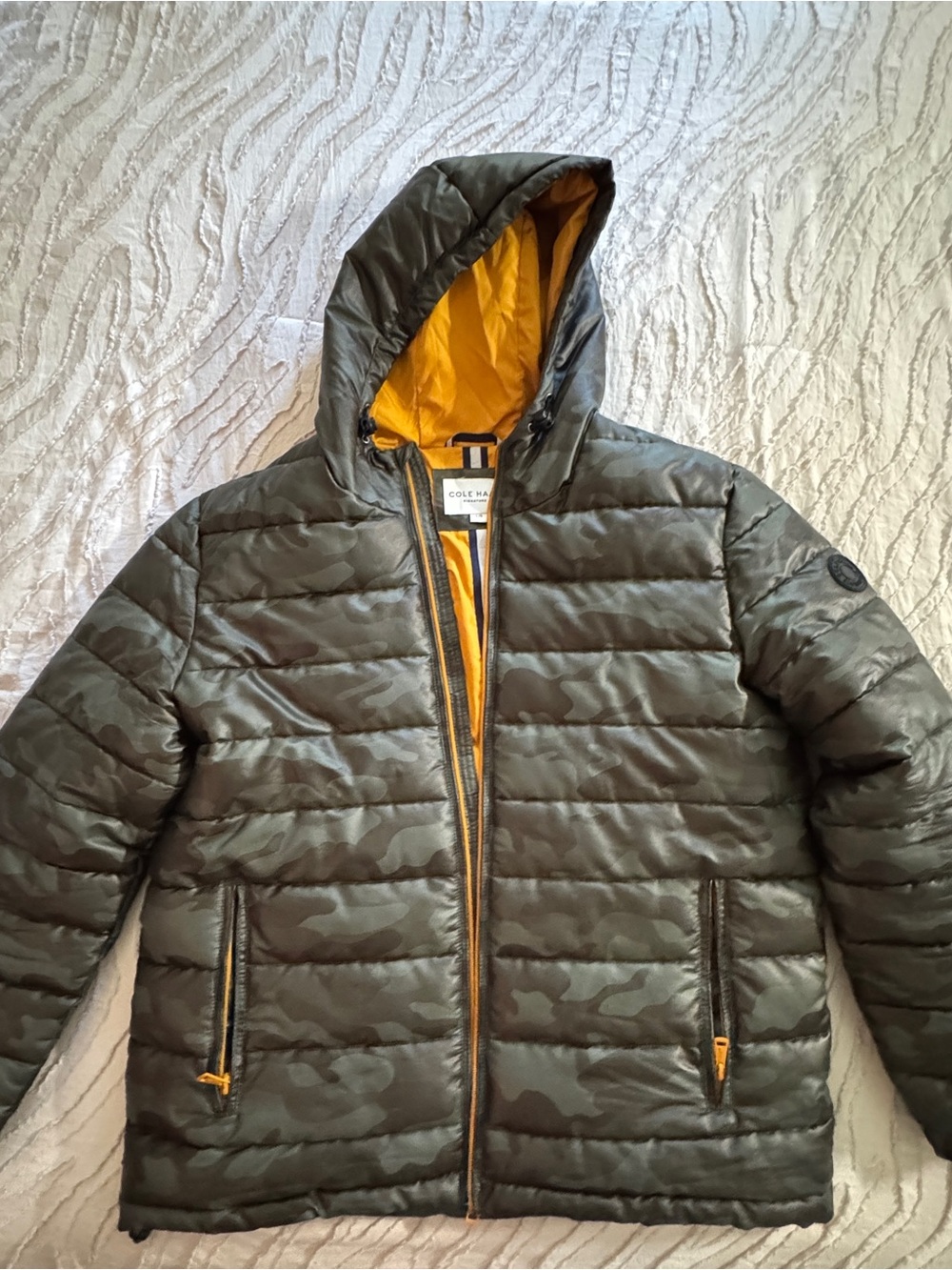 Cole Haan Olive Camo Puffer Jacket with Yellow Lining